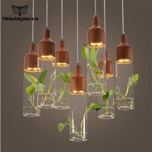Modern Metal Art Garden LED Pendant Lights Green Plants Wooden LED Pendant Lamp Aisle Aquarium Home Decor Hanging Lamp Luminaria