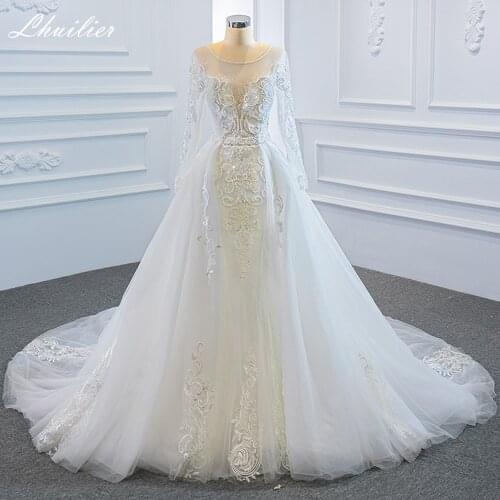 Lhuilier Scoop Neck Mermaid Wedding Dresses 2021 Long Sleeves Beaded Floor Length Bridal Gowns with Detachable Train