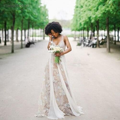 Dramatic Lace Wedding Dresses Whimsical nude lining Bridal Gowns Chiffon ribbon Vestido De Noivas Bohemian Robe de soiree DW098