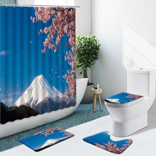 Japanese Style Mount Fuji Cherry Blossom Shower Curtain Attic Pavilion Non-Slip Flannel Rugs Toilet Cover Bathroom Set Bath Mat