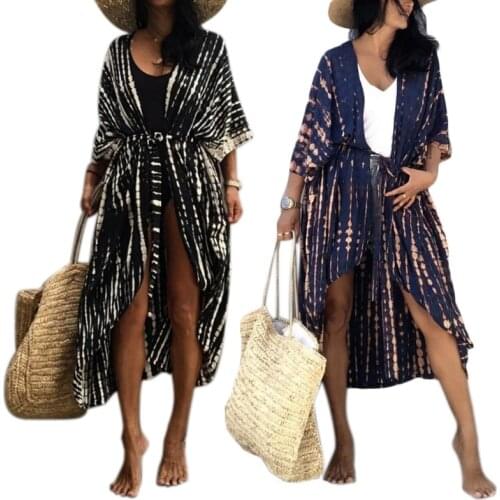 Women Swimsuit Cover Up Tie-Dye Striped Open Front Belted Beach Kimono Cardigan