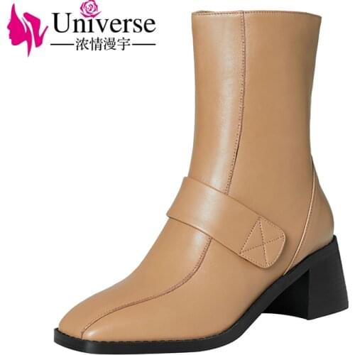 Universe K296 Microfiber Lining Shoes Women High Heels Ladies Square Heels Ankle Boots Genuine Leather