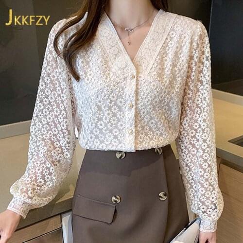 Ladies Cardigan Button Shirt v-neck lantern sleeves Embroidered blouse women Casual top plus size clothing