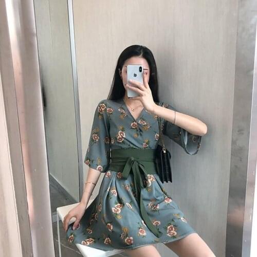 Japanese Floral Yukata Kimono Dresses for Women Sakura print Summer Half Sleeve High Waist Obi Belt Slim Dress Streetwear 2021
