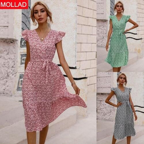 Summer 2021 Womens Clothing Waist-Tight V-neck Small Floral Dress Knee-Length Women Summer Dresses