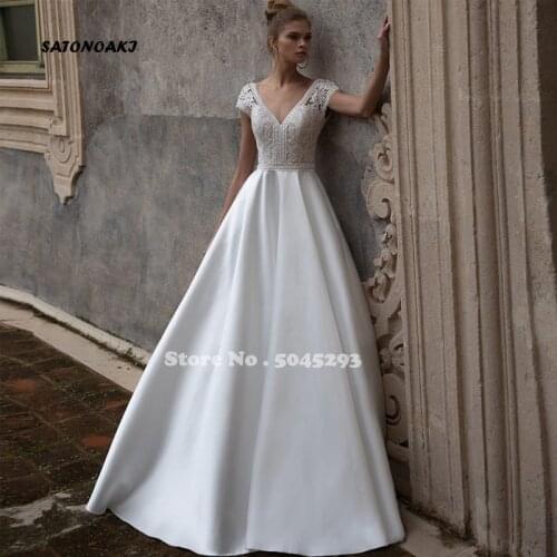 Sexy White Wedding Dresses for Women 2021 V-Neck Cap Sleeve A-Line Appliques Satin Bridal Gowns Robe De Mariée Vestidos Sukienka