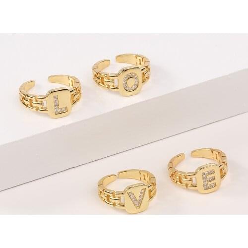 Gold Rings For Women Girl Fashion Hip hop Adjustable Opening Statement Square CZ A-Z Letter Initial Ring Jewelry Accessories