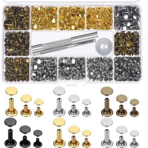 480 Sets 3 Sizes Leather Rivets Double Cap Rivet with 3 Pieces Setting Tool Kit for Leather Craft Repairs Decoration