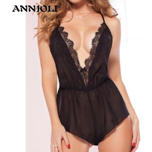 ANNJOLI New Plus Size Sexy Women Lace Open Bra Erotic Transparent Lingerie Slim Underwear Hot V Neck Lace Nightgown Sleepdress