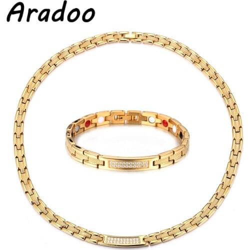 ARADOO Titanium Steel Zircon Magnet Necklace/Negative Ion Radiation Protection Bracelet Necklace/Stainless Steel Jewelry Set
