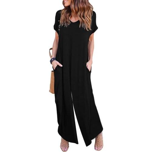 Black Solid Color Short Sleeve Wide Leg Jumpsuit with Pocket Women Casual Summer Wide Leg Long Jumpsuit Rompers