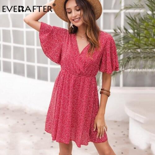 EVERAFTER Elegant v-neck polka dot women dress casual short sleeve ruffles female short sundress holiday beach midi dress ladies