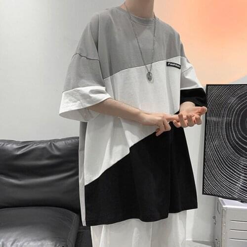 Summer Funny Contrast Color Patchwork Mens T-Shirt Loose Style Fashion Stitching Clothes Harajuku Hip Hop Simple Pullover Tops