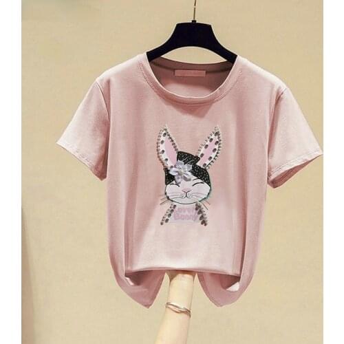 Short Sleeve T shirt Women Clothes Kawaii Pink Beading Summer Tops Woman Tshirt White Tee Printed Casual Korean Fashion New 2021