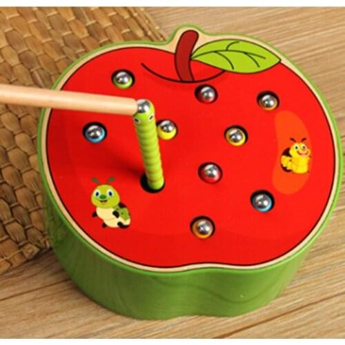 Funny Apple Strawberry Shaped Catch Bal Insect Game Toy Montessori Wooden Magnetic Stick Worm Educational Toys for Kids Baby Boy