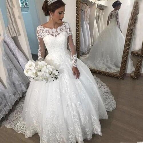 Custom Made Long Sleeves Lace Ball Gown Wedding Dresses with Appliques Jewel Neck Sweep Train Plus Size Bridal Gowns