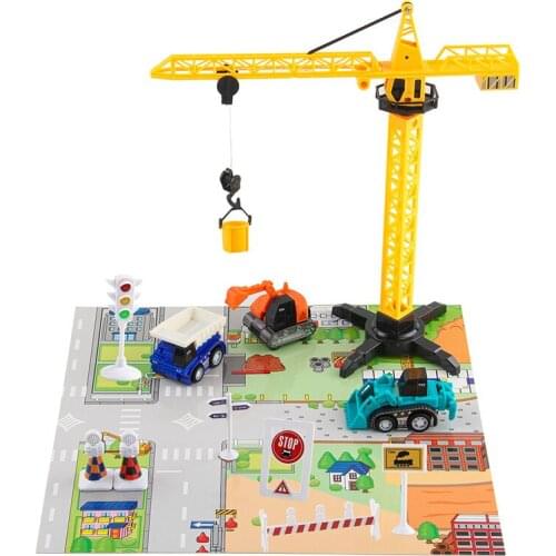 Engineering vehicle series toys construction crane engineering car alloy return force theme set with road signs