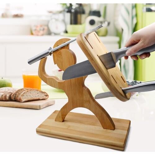 Creativity Human-shaped Wooden Cutter Holder Cutter Block Home Kitchenware Holder Can Hold 6 Cutters 1 Scissors 1 Sharpener