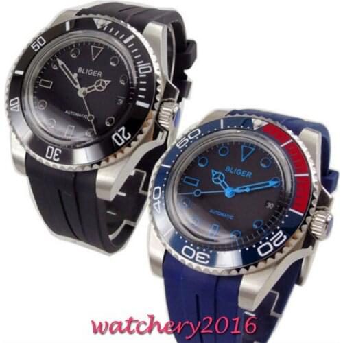 40mm Bliger black dial domed glass rubbber strap date automatic mens watch