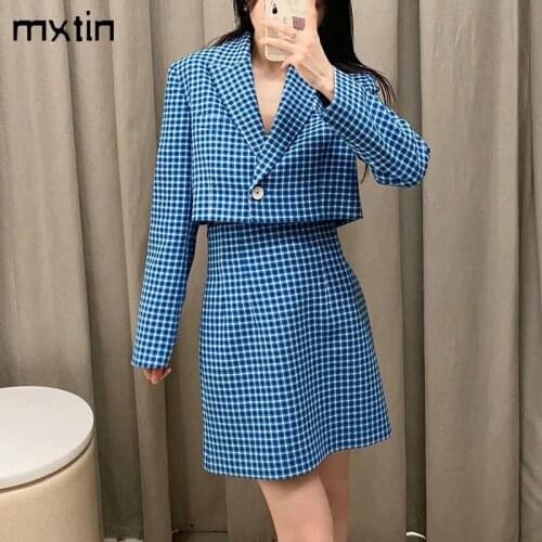 MXTIN 2021 Women Spring Vintage Plaid Single Button Short Jacket Coat Fashion Turn-down Long Sleeve Casual Chic Tops Mujer