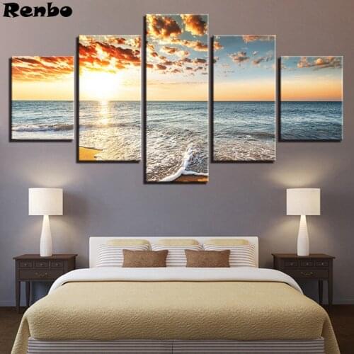 5PCS Mosaic Diamond Painting Cross Stitch Sunset Landscape Sea Beach DIY Diamond Embroidery Full Display Rhinestones Pictures