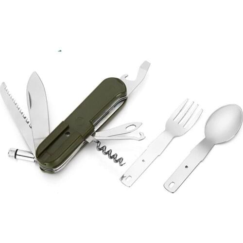 NEW outdoor tableware LED lamp stainless steel knife fork spoon camping Picnic edc hiking snowflake multi tool keychain tactical