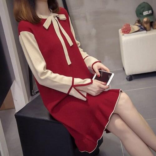 Autumn and Winter Dress 2020 New Plus Size Womens Fashion Mid-length Knitted Sweater Shirt Dress Ruffle Bow Long Pullover k1262