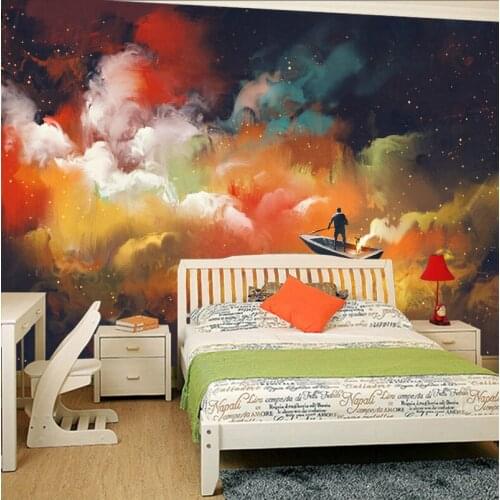 Custom 3D Oil Painting Wallpaper For Kids' Room Sofa Backdrop Wall Papers Cartoon A Canoe In A Colorful Starry Sky Home Decor
