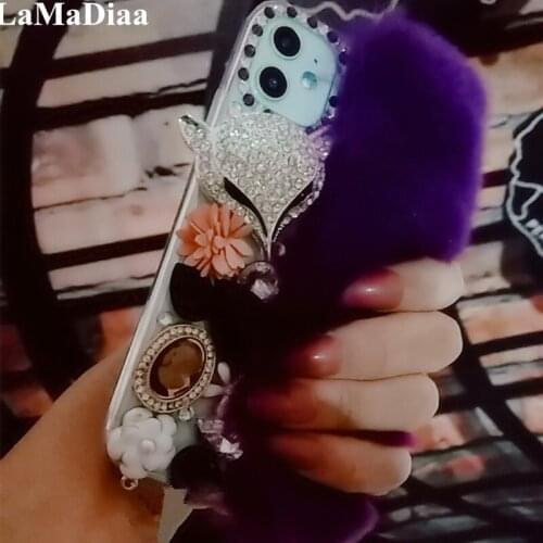 Warm Fluffy Rabbit Fur Bling Diamonds Fox Jewelry Soft Case Cover For SamsungS6 S7 S8 S9 S10 S11PLUS Lite Note5 8 9 10 Plus Capa