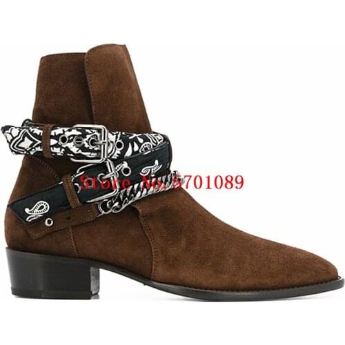 Chocolate Brown Bandana Buckle Boots Strap Suede Jodhpur Combat Wyatt Western Cowboy Chelsea Ankle Boots Shoes