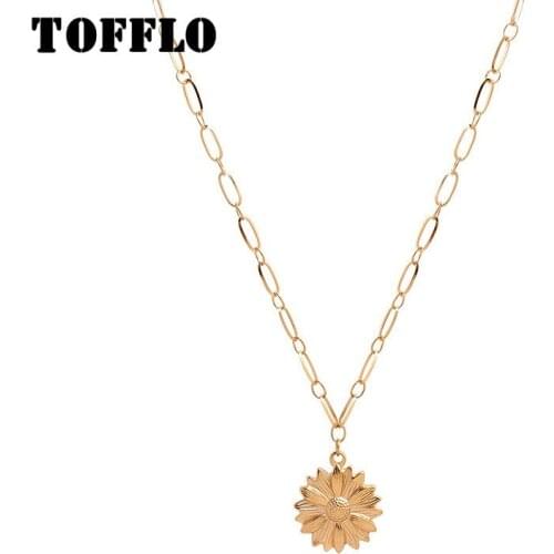 TOFFLO Stainless Steel Jewelry Flower Daisy Pendan Necklace Fashion Trendy Long Sweater Chain For Women BSM040