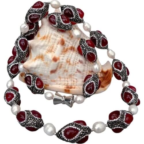 Y·YING natural Cultured White Rice Pearl Red Agate Black Rhinestone Pave sweater chain Necklace 32"