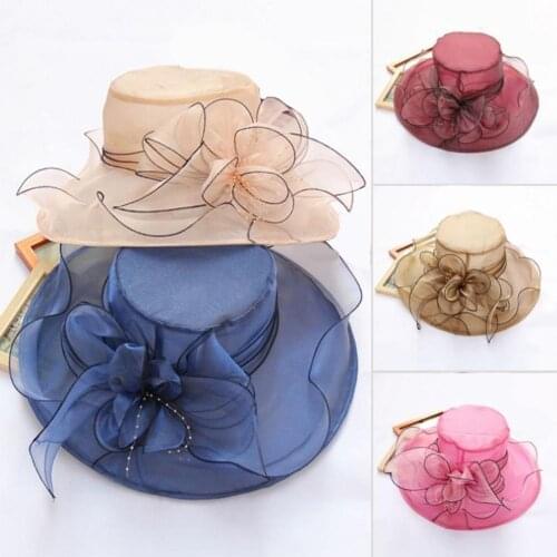 Elegant Lady Wide Brim Flower Sun Hat Women Wedding Tea Party Church Travel Cap summer organza top hat Clothing Accessory