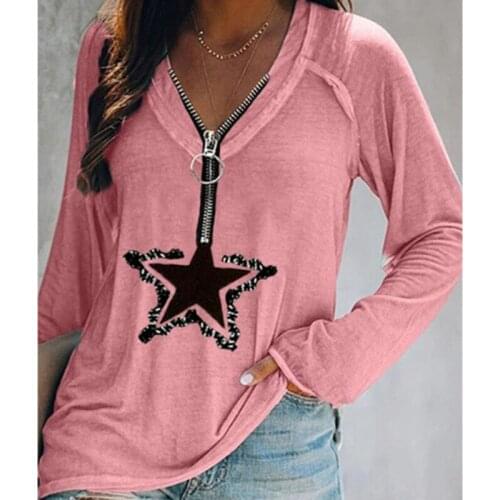 Women Long Sleeve Top Star Printed Zip V-Neck Pullover Women Clothing Casual Tops Loose Female T Shirt Autumn T-Shirt