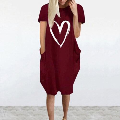 Women Dress Heart Loose Cotton O Neck Short Sleeve Casual women dress Heart shape print Dress women vestidos de mujer casual
