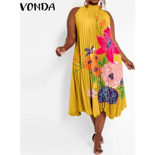 Women Floral Printed Sundress Summer Beach Pleated Mid-Calf Dress 2021 VONDA Vintage Asymmetric Party Vestido Casual Robe Femme
