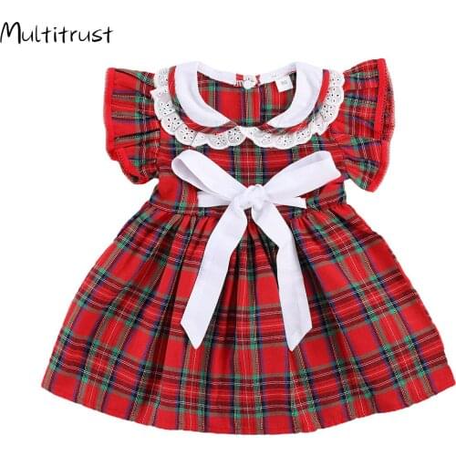 Christmas 1-6Y Girls Party Dress Plaid Print Ruffles Sleeve Lace Peter Pan Collar A-Line Dress Dress with Bow-knot