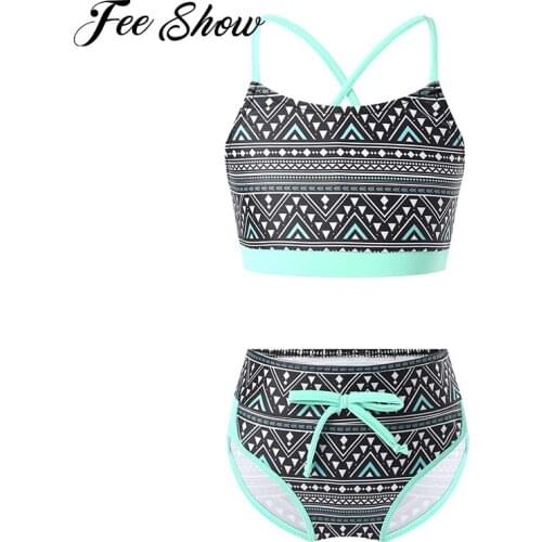 2Pcs Fahsion Kids Girls Swimsuits Bikini Set Geometric Patterns Bathing Suit Children Swimwear Beachwear for Beach Party