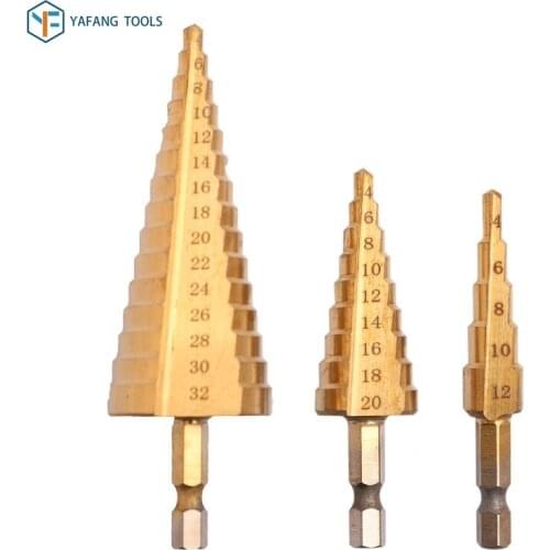 3pcs/set 4-12mm 4-20mm 4-32mm HSS Straight Groove Step Drill Bit Titanium Coated Wood Metal Hole Cutter Hex Core Drill Bit