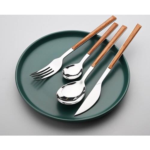 4/16/24Pcs Stainless Steel Dinnerware Sets Glossy Silver Wooden Tableware Western Food Knife Fork Teaspoon Flatware Cutlery Set