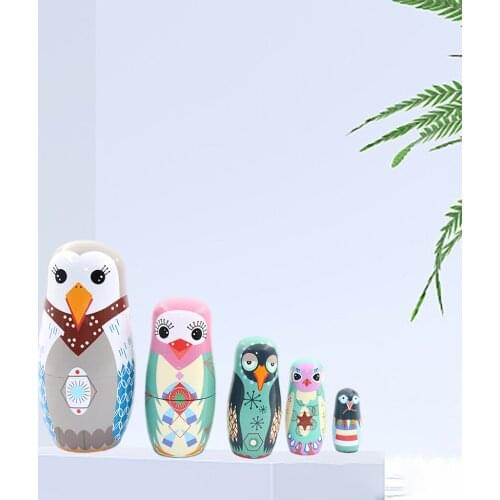 5 Layers Russian Nesting Doll Cartoon Handmade Wooden Owl Nesting Dolls Matryoshka Dolls Toys