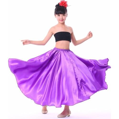 Kids Girls Dance Costumes Spanish Flamenco Skirt Satin Solid Red Stage Wear Performance Dress Plus Size Swing Ballroom Skirt
