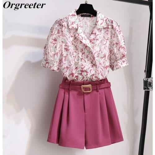 2021 Summer New Temperament Fashion Double-breasted Notched Chiffon Floral Shirt + High Waist Straight Shorts 2 Piece set Set