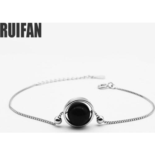 Round Natural Black Agate Silver 925 Womens Bracelet Box Chain Wrist Bracelete Feminino Fine Jewelry YBR050