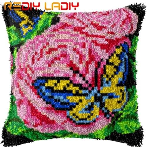 Latch Hook Cushion Blue Butterflies Pillow Case Printed Color Canvas Acrylic Yarn Latched Hook Pillow Crochet Cushion Cover Kits