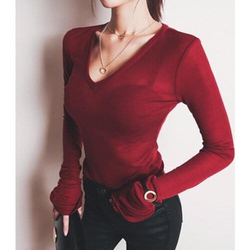 LIBERJOG Women Sexy V-neck Slim T Shirts Female Long Sleeve Thin Breathable Stretch Knit Transparent Tops Solid Temperament Tee