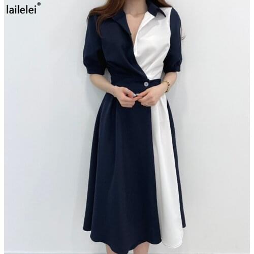 Patchwork Button Shirt Dress Midi A-Line Chemise Longue Femme Vestidos De Verano Women Elegant South Korea Womens Office Jurken
