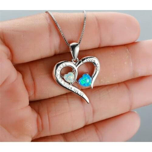 Cute Female White Blue Opal Pendant Necklace Rose Gold Silver Color Chain Necklaces For Women Luxury Love Heart Wedding Necklace