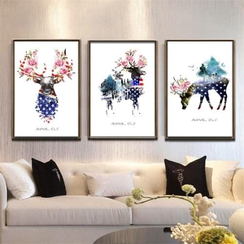 Minimalist Abstract Deer Head Posters and Prints Scandinavian Nordic Style Flower Wall Art Pictures for Kid Baby Living Room