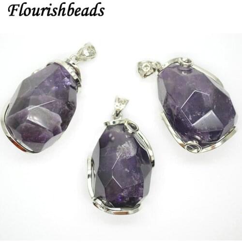 Natural Amethyst Copper Wire Wrapped Surface Cutting Stone Pendant Fit Fashion Necklace Making